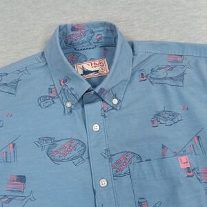 Huk Fishing Mens Small Blue Novelty Print Short Sleeve Button Down Shirt 0039